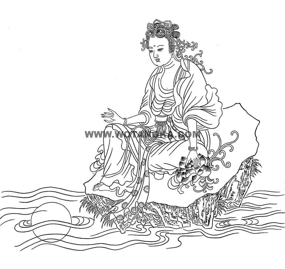 沃唐卡-唐卡白描线稿编号RD89480：握莲观音