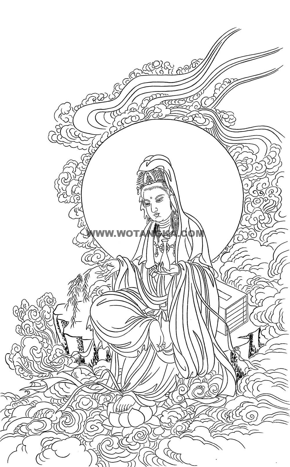 沃唐卡-唐卡白描线稿编号RD90859：滴水观音