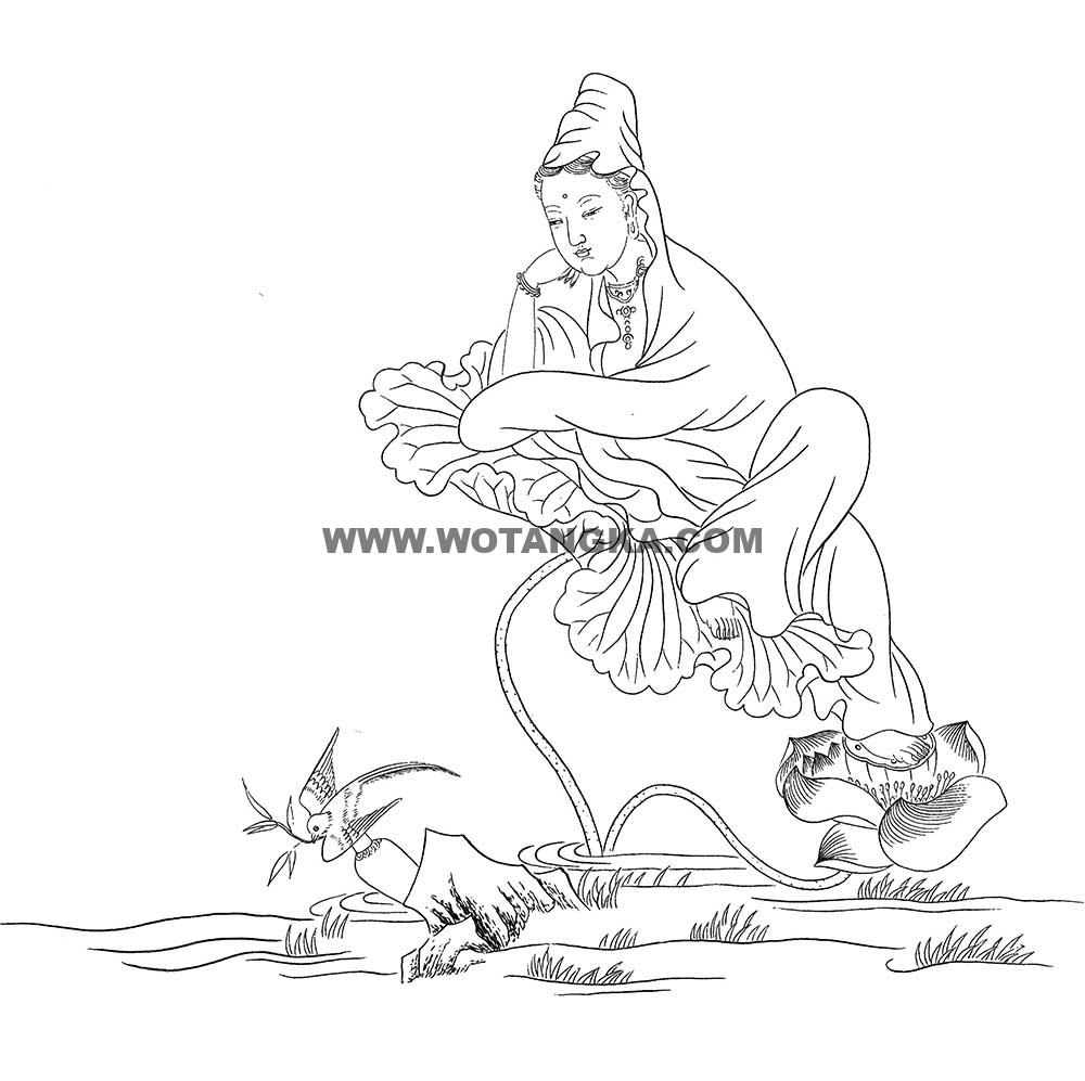 沃唐卡-唐卡白描线稿编号RD93045:白衣静思观音