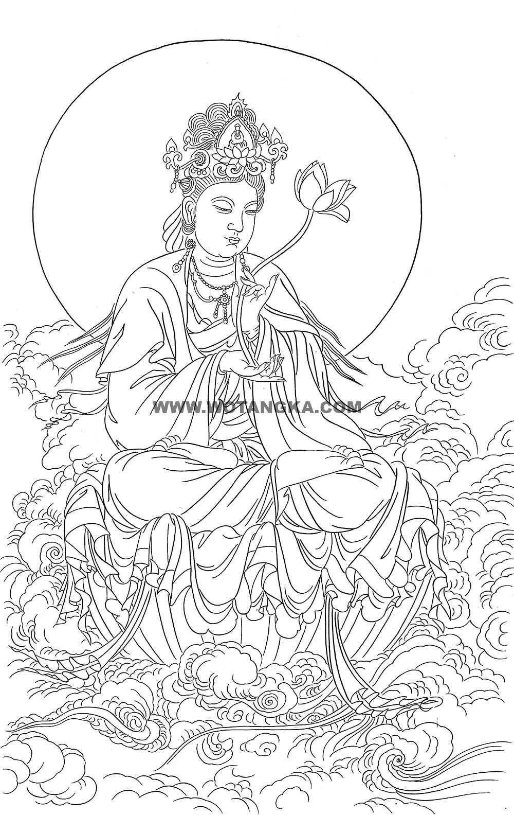 沃唐卡-唐卡白描线稿编号RD93896:持莲观音