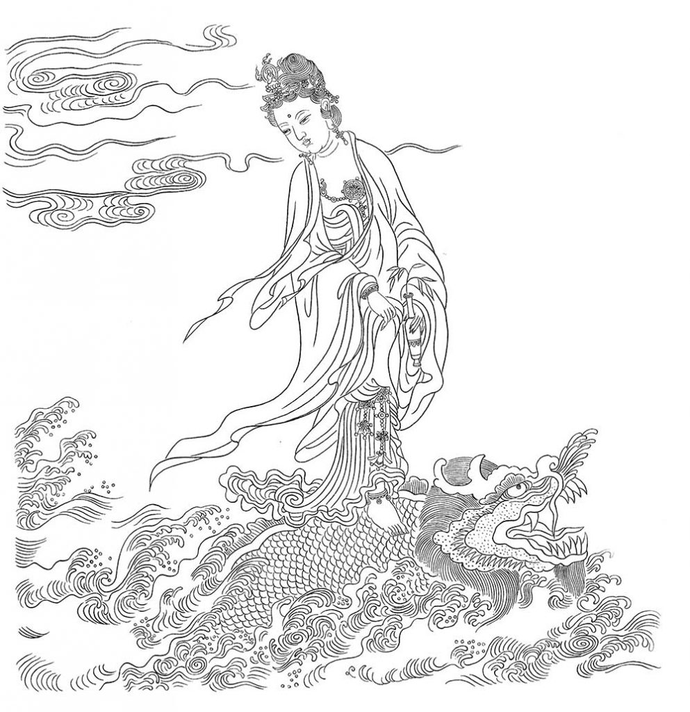 沃唐卡-唐卡白描线稿编号RD94536：骑龙观音