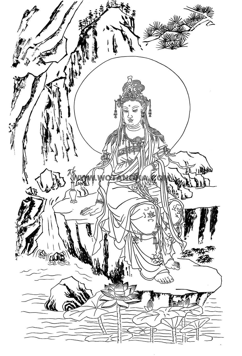 沃唐卡-唐卡白描线稿编号RD97353：水月观音