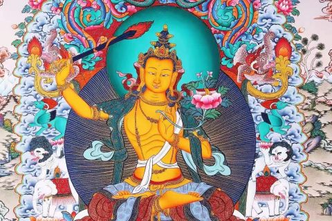 编号138-428413：彩绘唐卡-文殊菩萨·三怙主（75*50CM左右）