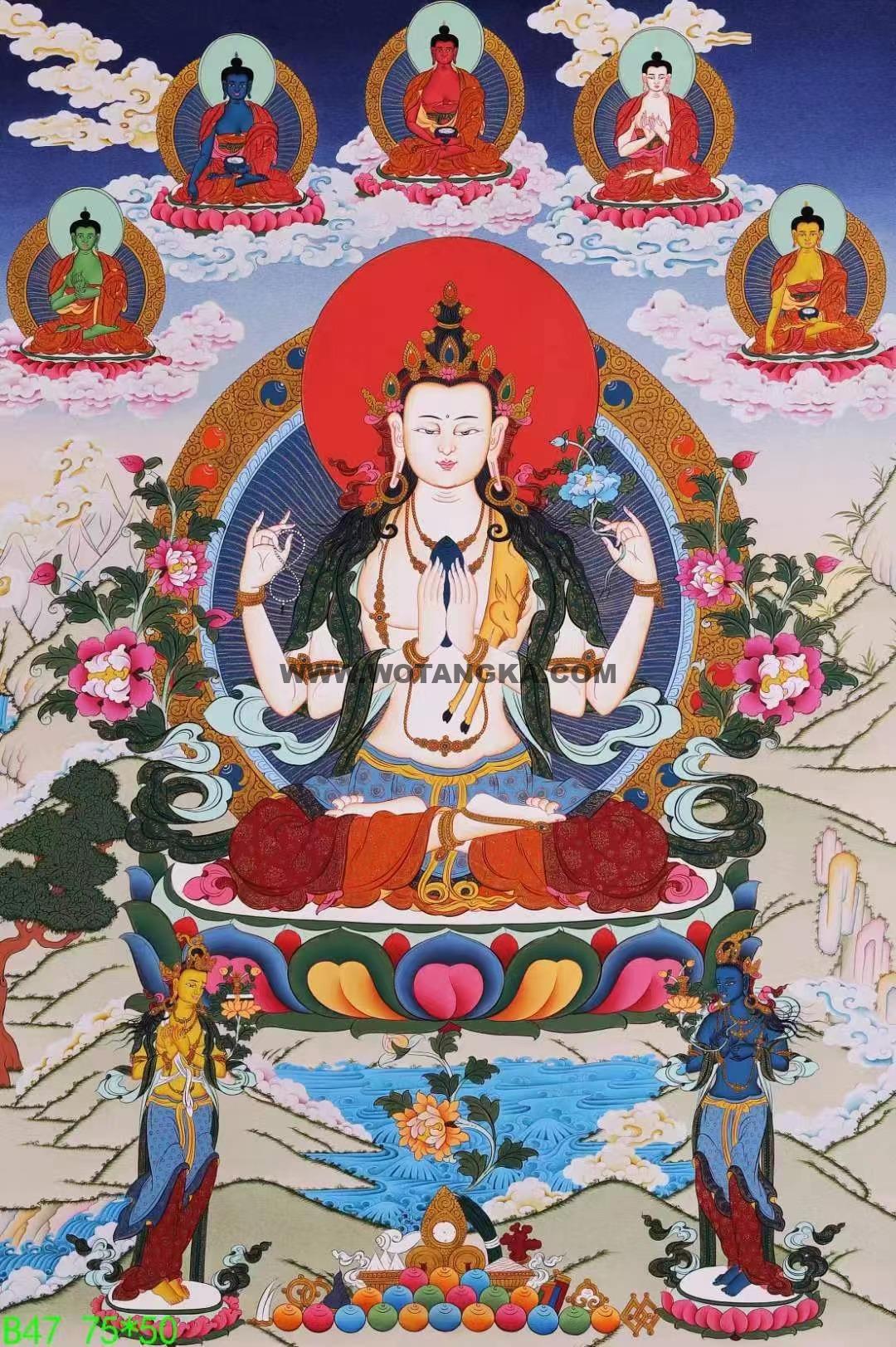 编号138-447597：彩绘唐卡-四臂观音·三怙主（75*50CM左右）