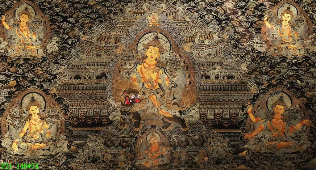 编号138-473172：黑金唐卡-文殊菩萨·五部文殊（74*140CM左右）