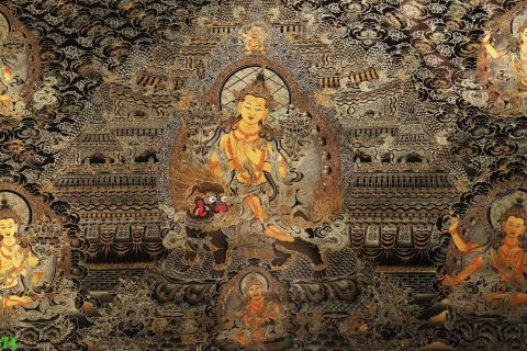 编号138-473172：黑金唐卡-文殊菩萨·五部文殊（74*140CM左右）
