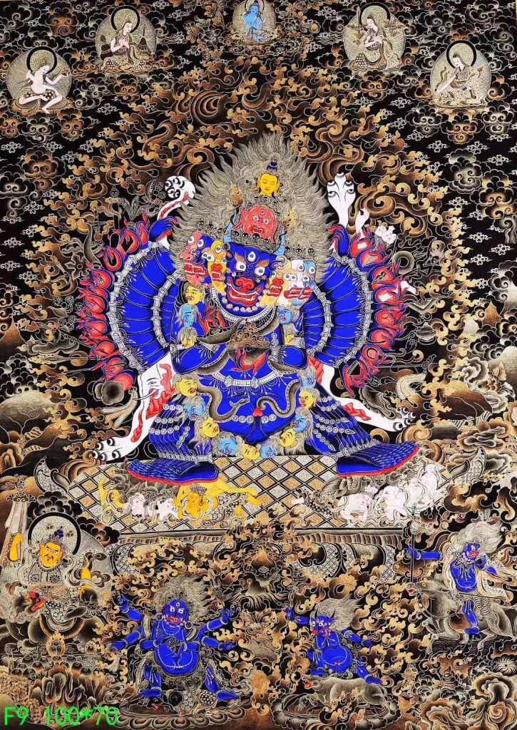 ｜已结缘·可定制｜唐卡寄卖编号：JM·138-474208-大威德金刚金刚持化现上师护法众吉祥供养图（黑唐）