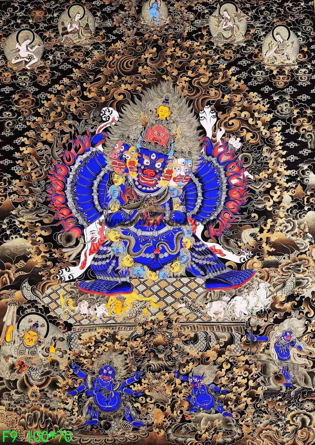 |已结缘·可定制|唐卡寄卖编号:JM·138-474208-大威德金刚金刚持化现上师护法众吉祥供养图(黑唐)