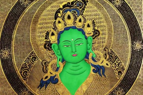 编号138-480812：黑金唐卡-绿度母·佛头坛城（70*70CM左右）