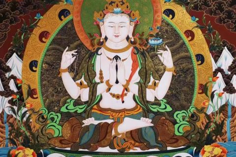 编号138-595192：彩绘唐卡-四臂观音·三怙主（150*100CM左右）