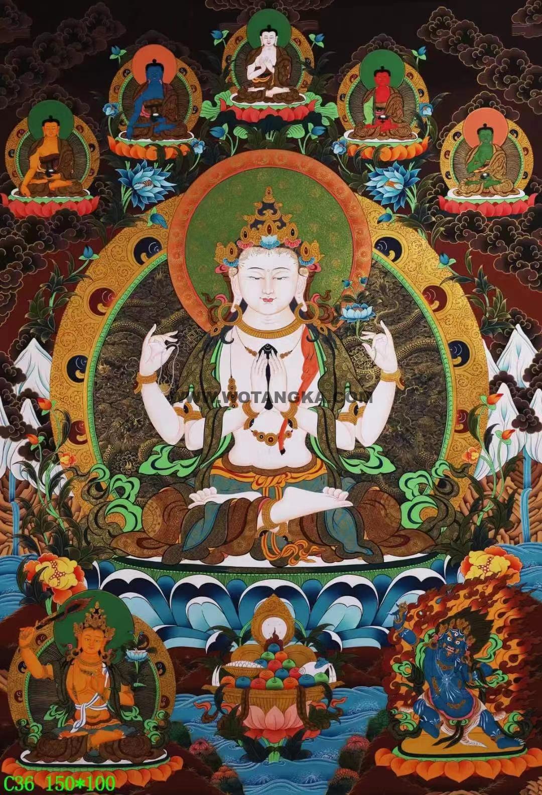 编号138-595192：彩绘唐卡-四臂观音·三怙主（150*100CM左右）