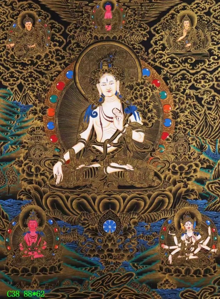 编号138-689565：彩绘唐卡-白度母·长寿三尊（88*62CM左右）