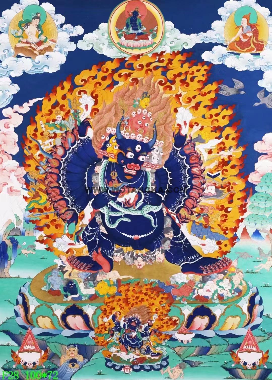 |已结缘·可定制|唐卡寄卖编号:JM·138-710508-大威德金刚烈焰轮上师吉祥供养图(彩唐)