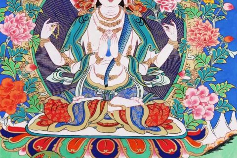 编号138-768000：彩绘唐卡-四臂观音·三怙主（70*51CM左右）