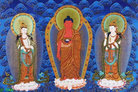 编号138-789480：蓝金唐卡-阿弥陀佛·西方三圣（75*50CM左右）