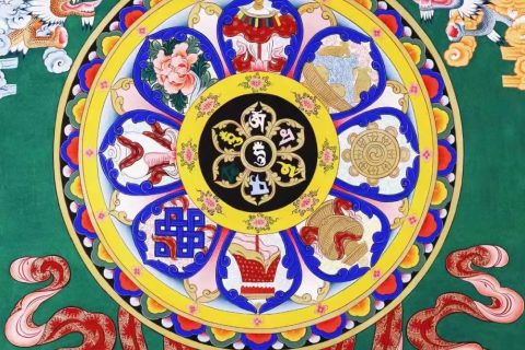 ｜已结缘·可定制｜唐卡寄卖编号：JM·138-912756-双龙吉祥八宝法轮吉祥图（彩唐）