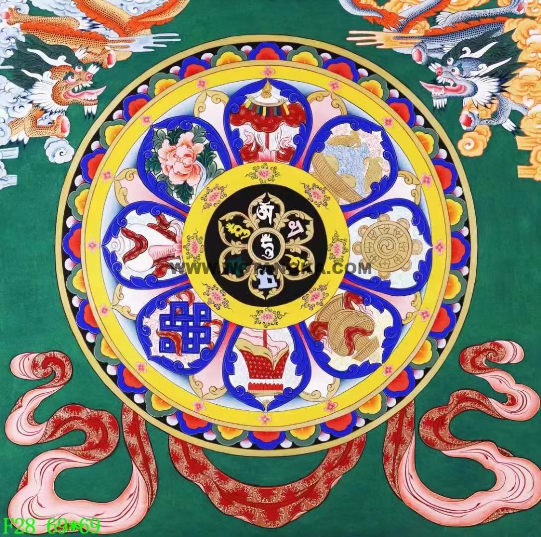 |已结缘·可定制|唐卡寄卖编号:JM·138-912756-双龙吉祥八宝法轮吉祥图(彩唐)