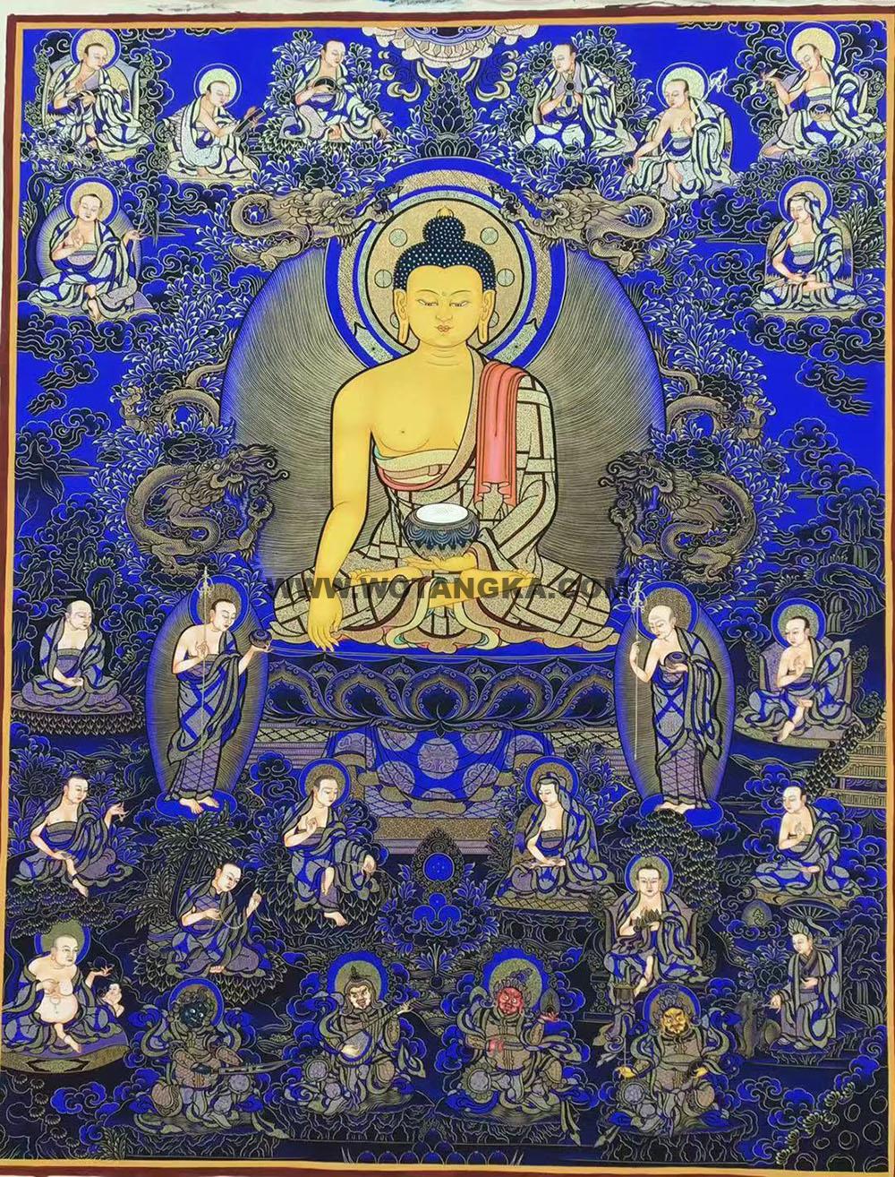 热贡-东智加·画院：蓝金唐卡-释迦牟尼佛·十八罗汉·四大天王（100*75CM左右）