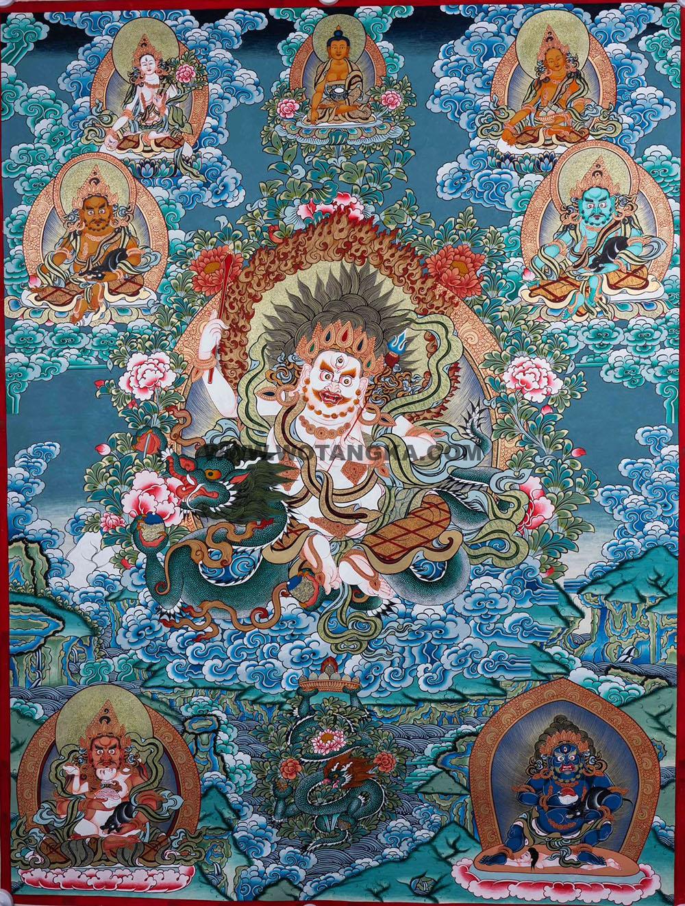 |已结缘·可定制|唐卡寄卖编号:JM·188-742365-白财神五方财神众佛祖吉祥供养图(彩唐)