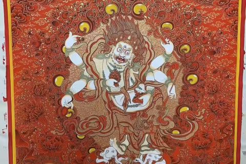 编号188-760684：红金唐卡-白六臂玛哈嘎拉·五方财神（100*70CM左右）