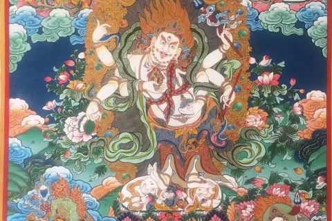 编号188-763478：彩绘唐卡-白六臂玛哈嘎拉·五方财神（100*70CM左右）