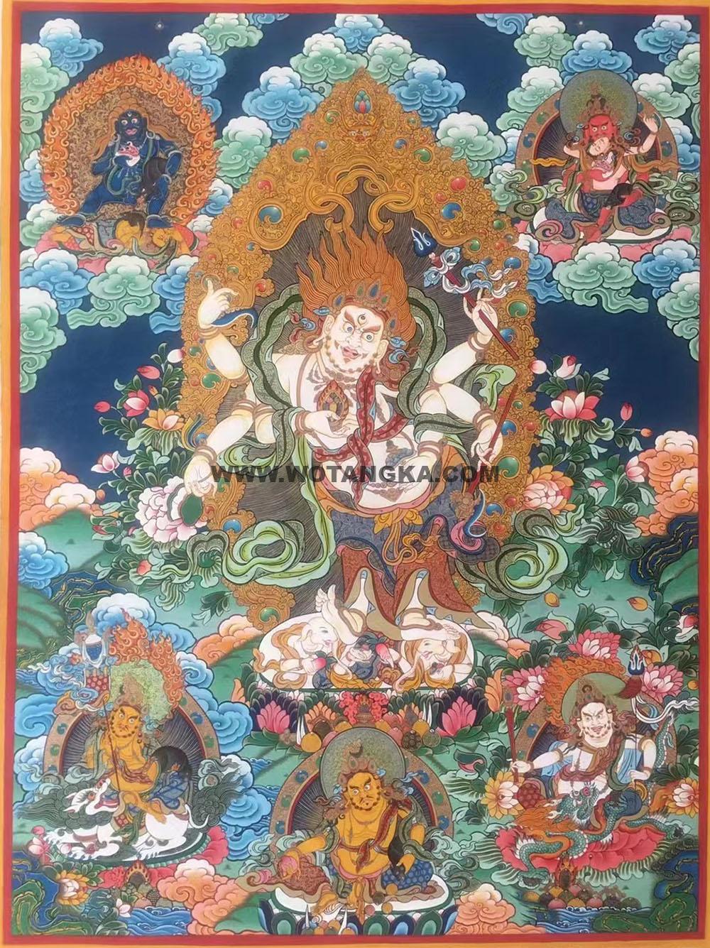 编号188-763478:彩绘唐卡-白六臂玛哈嘎拉·五方财神(100*70CM左右)