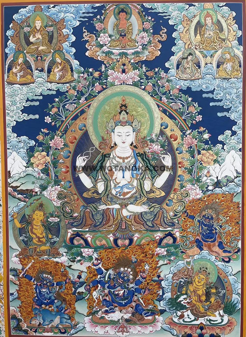 |已结缘·可定制|唐卡寄卖编号:JM·188-834929-四臂观音雪域三怙主阿弥陀佛六上师吉祥供养图(彩唐)