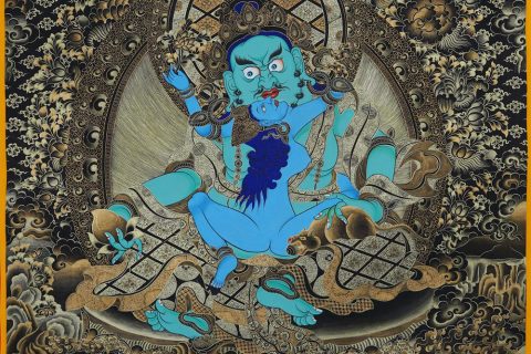 编号188-858334：黑金唐卡-绿财神·五方财神（100*70CM左右）