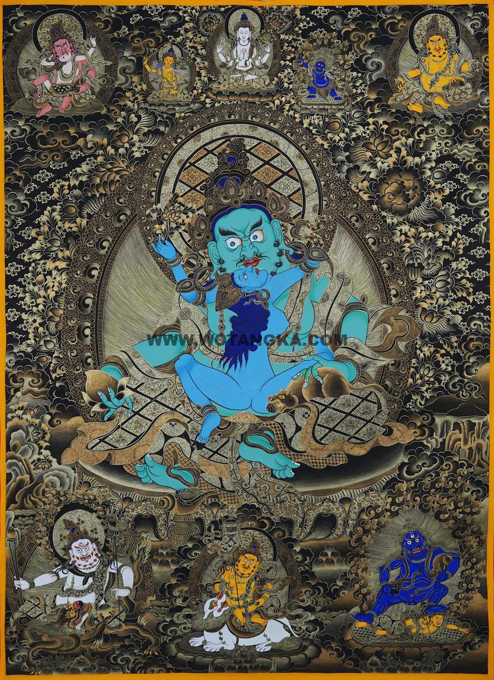 编号188-858334:黑金唐卡-绿财神·五方财神(100*70CM左右)