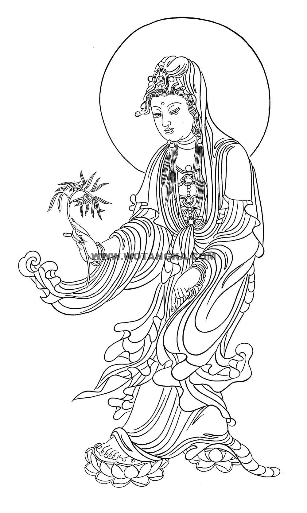 沃唐卡-唐卡白描线稿编号RD35187:杨柳枝观音
