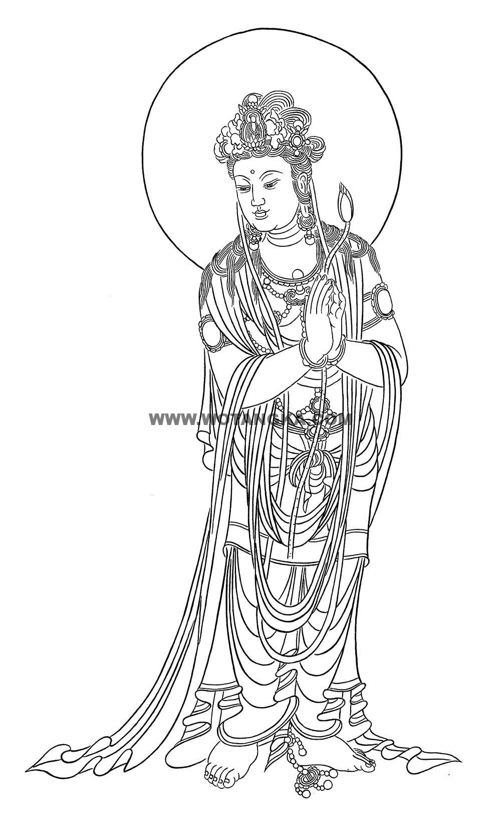 沃唐卡-唐卡白描线稿编号RD37461:合掌观音