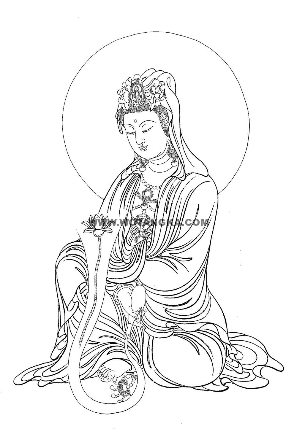 沃唐卡-唐卡白描线稿编号RD41943:净瓶观音