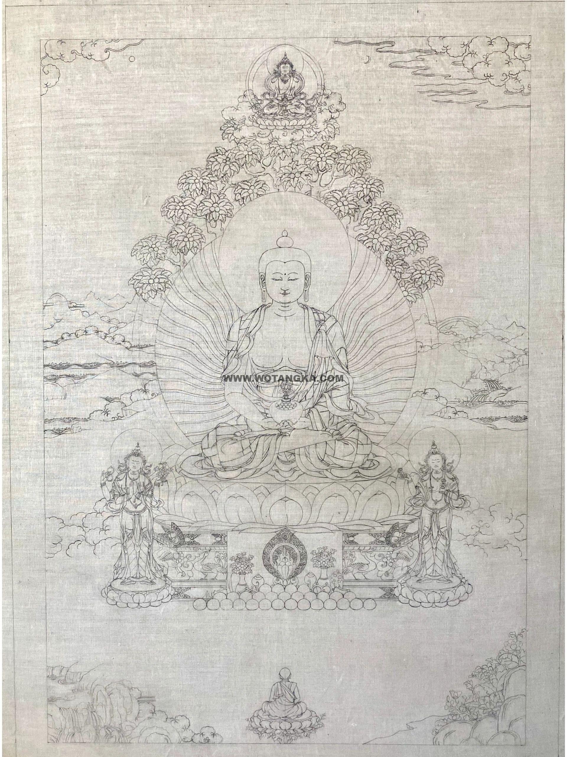 沃唐卡-唐卡白描线稿编号RD50301:阿弥陀佛三尊