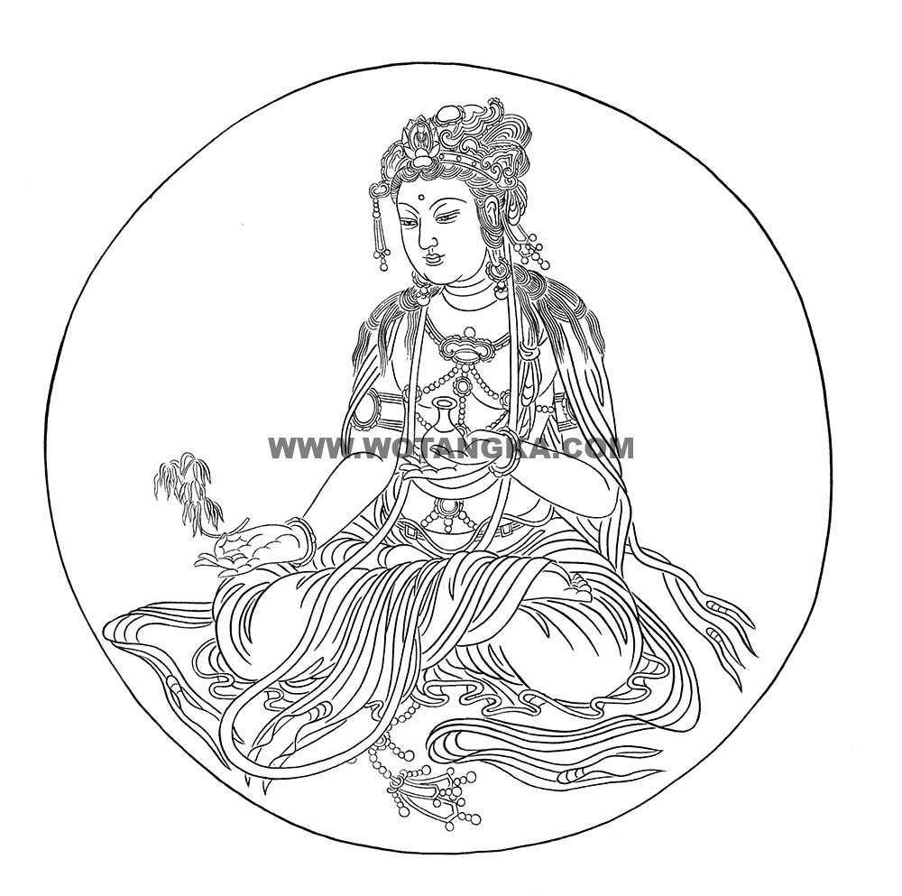 沃唐卡-唐卡白描线稿编号RD54008:杨柳枝观音
