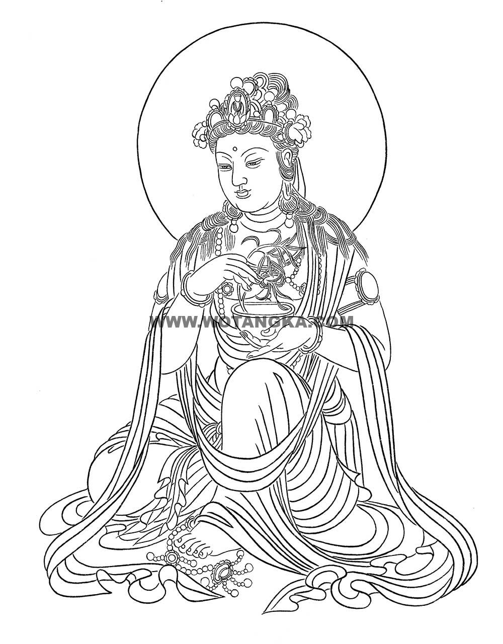 沃唐卡-唐卡白描线稿编号RD57231:洒水观音