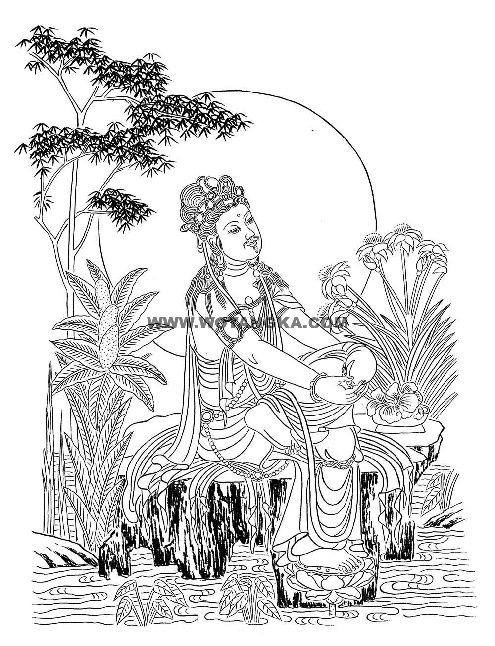 沃唐卡-唐卡白描线稿编号RD58307：望月观音