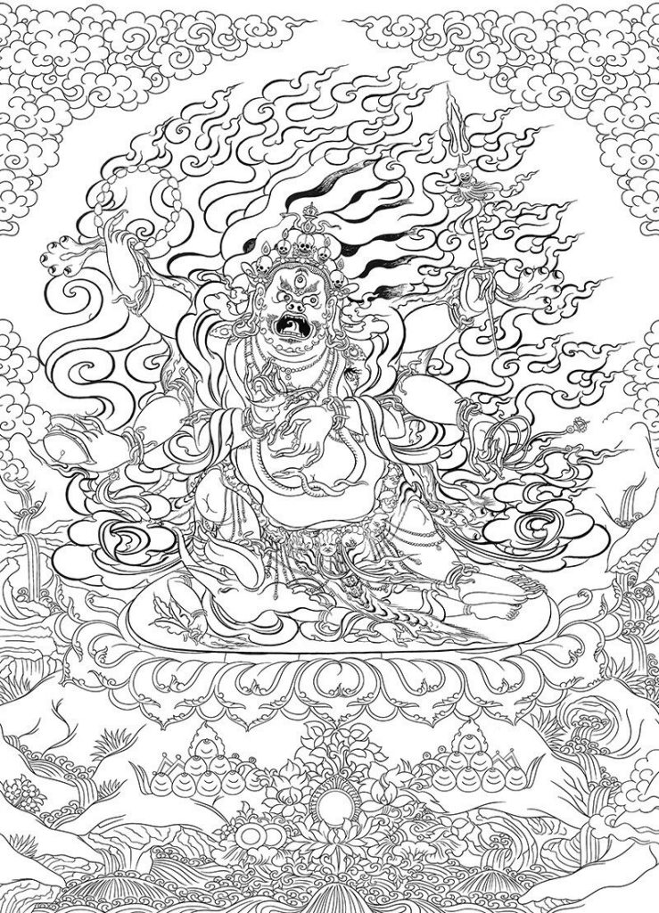 沃唐卡-唐卡白描线稿编号RD63285：六臂大黑天