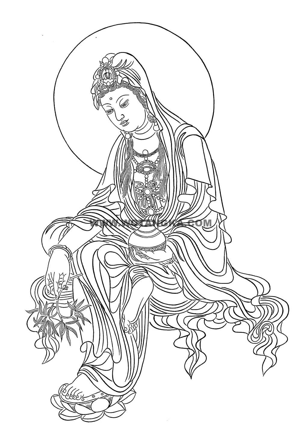 沃唐卡-唐卡白描线稿编号RD67763:白衣净水观音