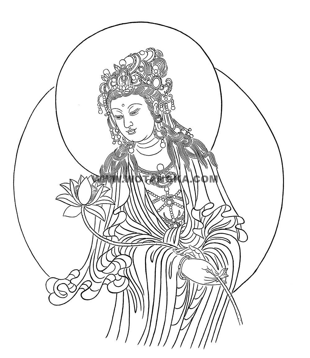 沃唐卡-唐卡白描线稿编号RD68929：持莲观音