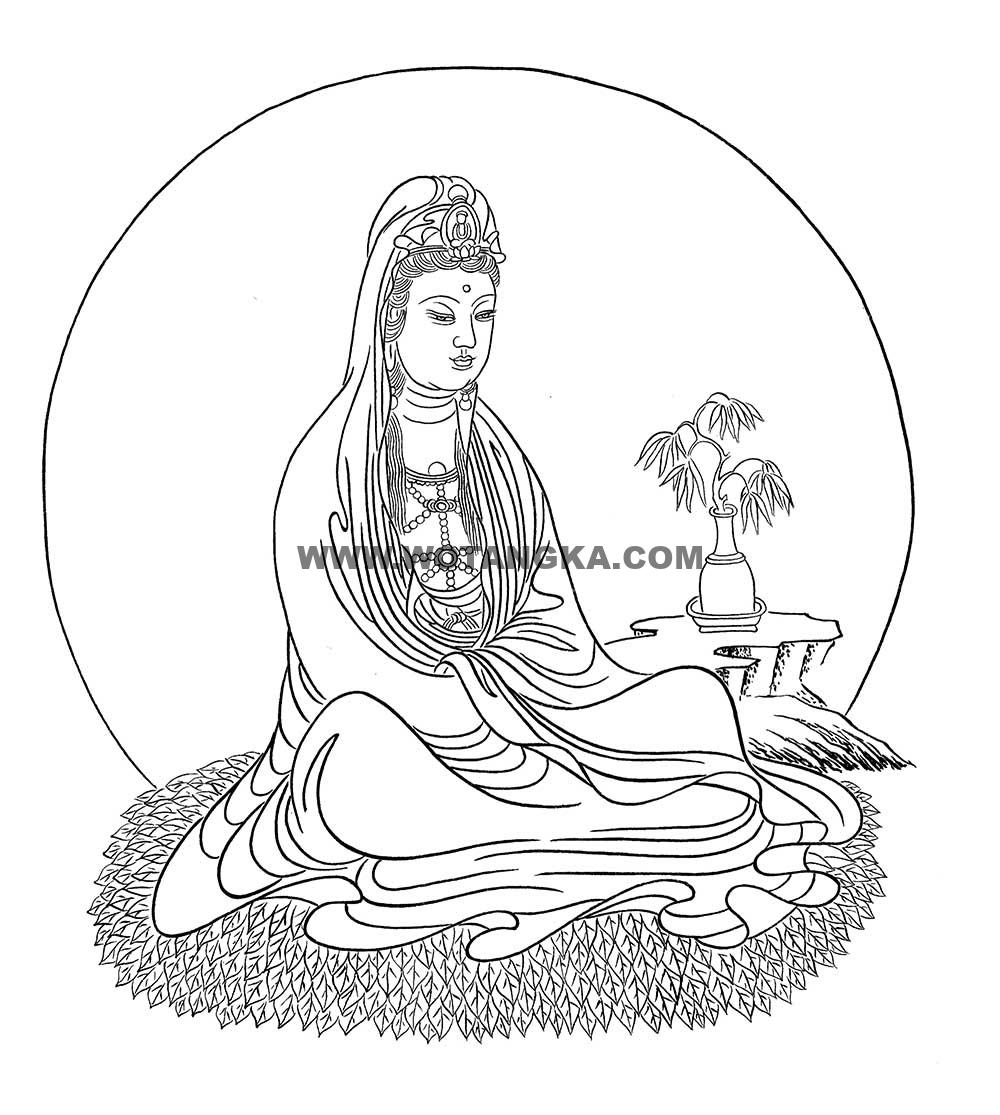 沃唐卡-唐卡白描线稿编号RD71554：白衣静息观音