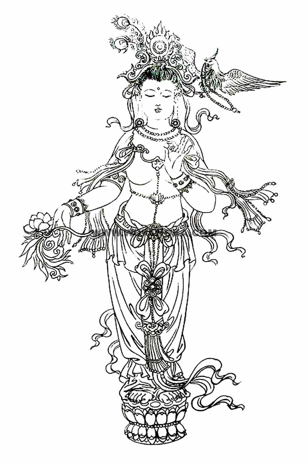 沃唐卡-唐卡白描线稿编号RD76241：持莲说法观音