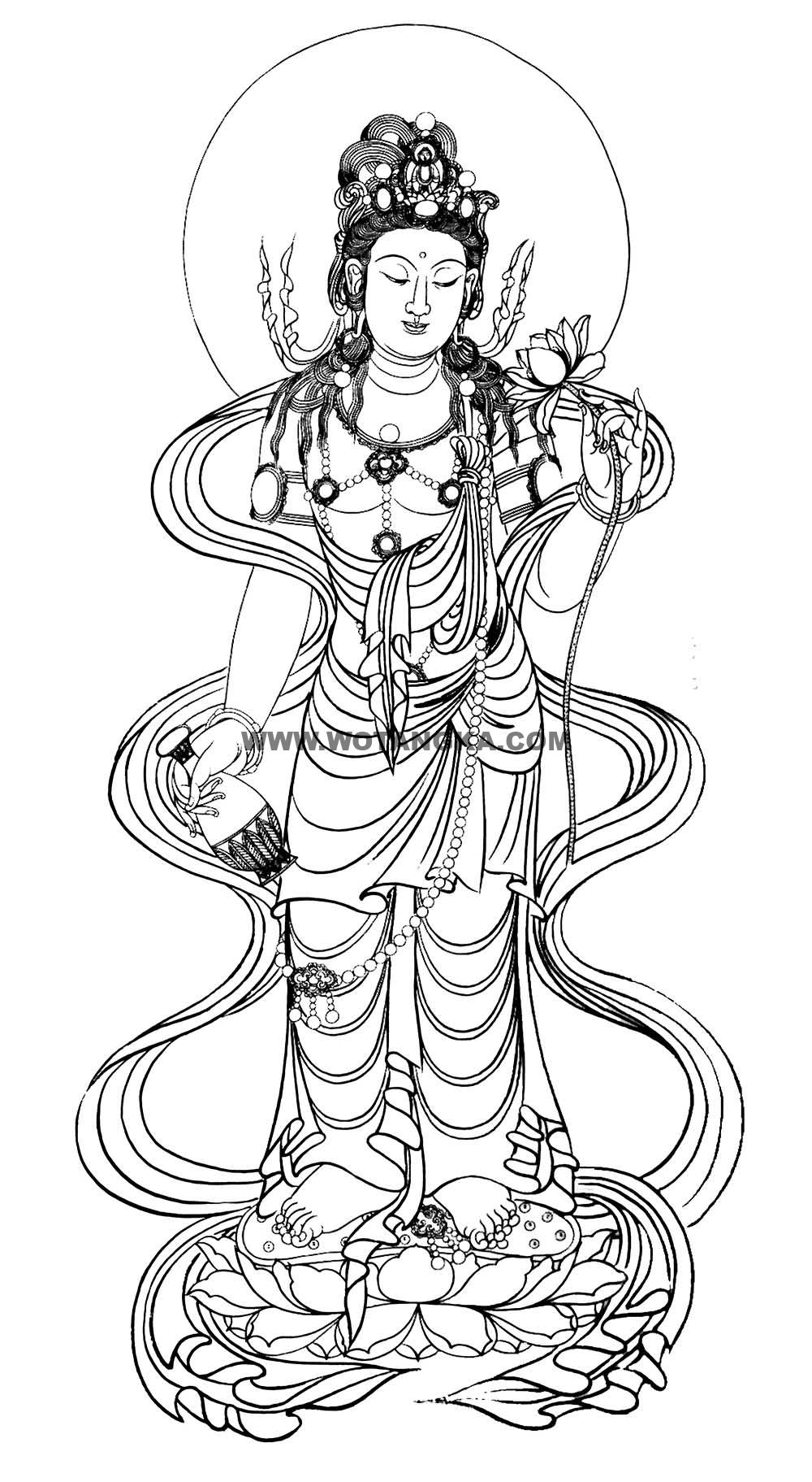 沃唐卡-唐卡白描线稿编号RD76891:持莲净瓶观音