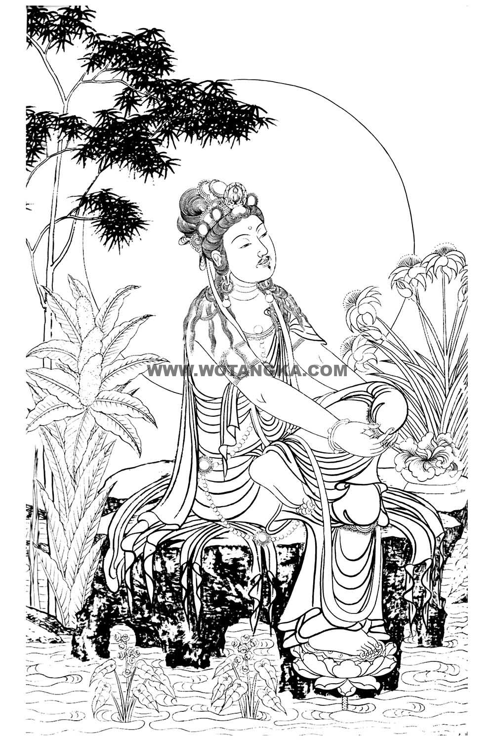沃唐卡-唐卡白描线稿编号RD77052：望月观音