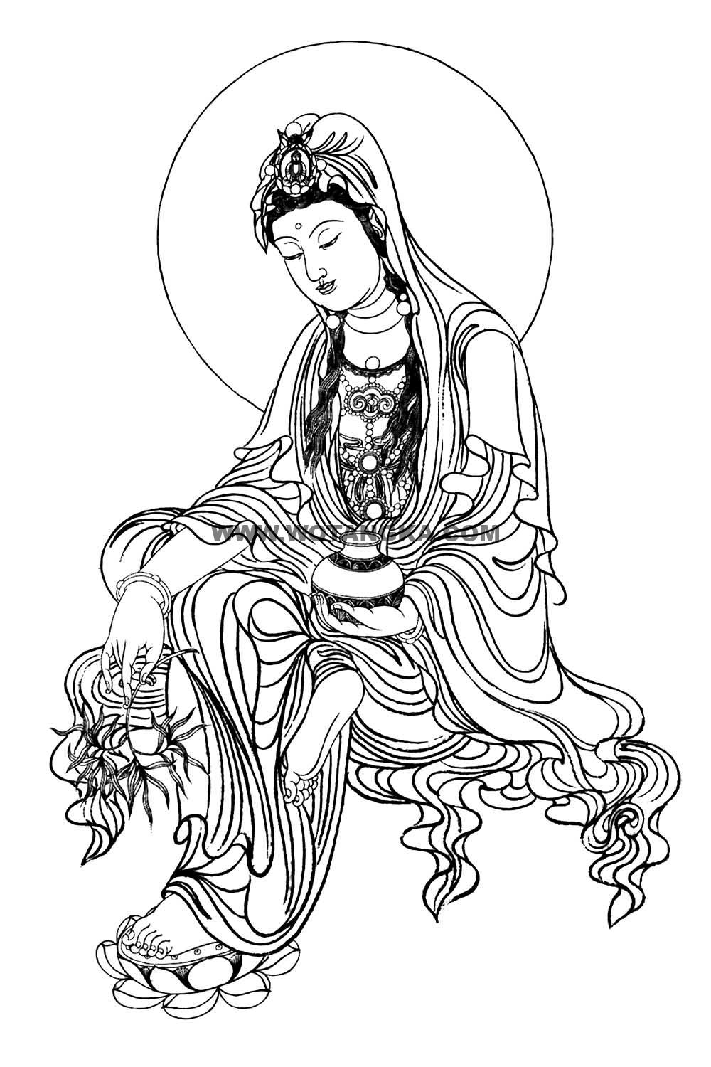 沃唐卡-唐卡白描线稿编号RD79201：白衣洒水观音