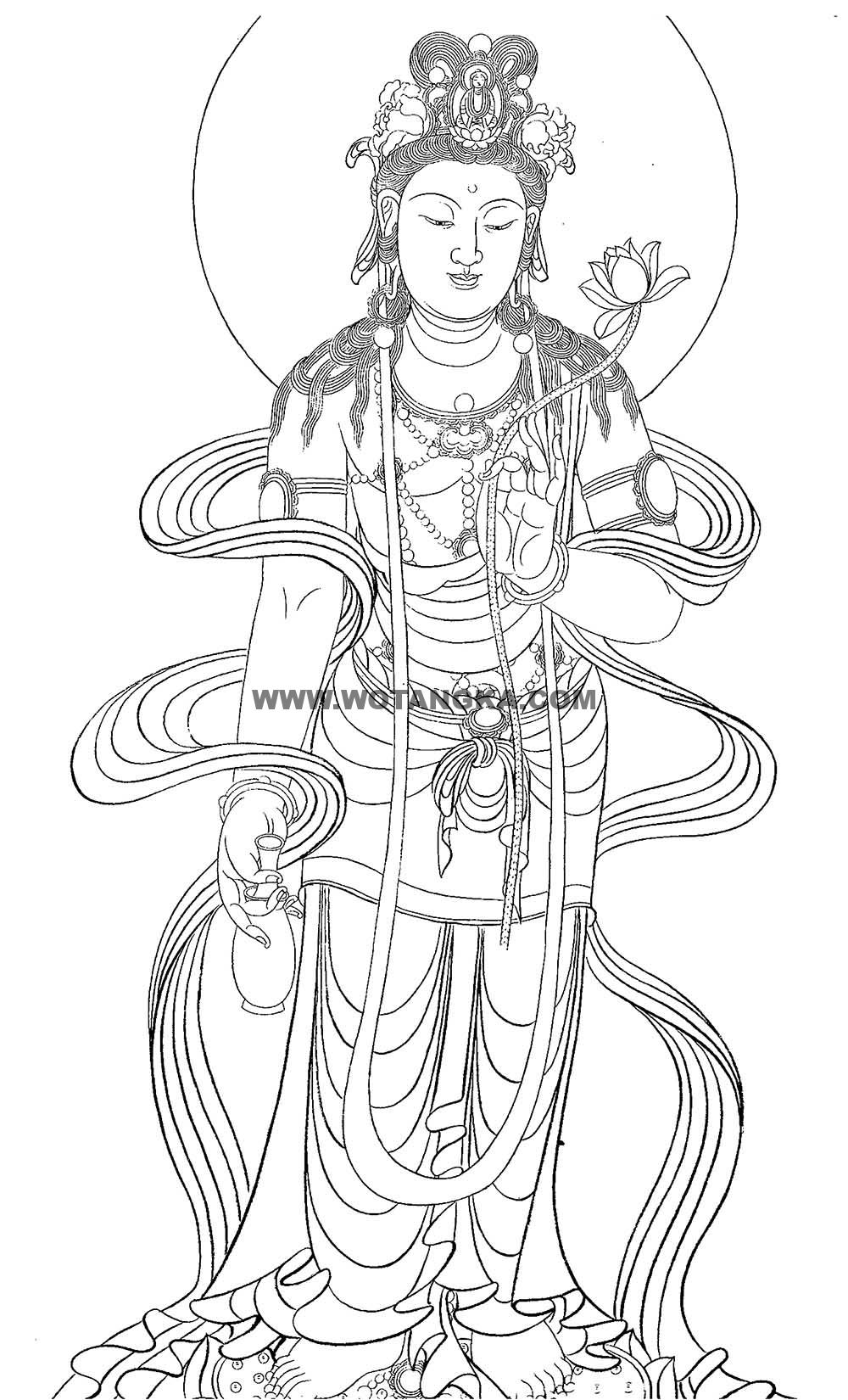 沃唐卡-唐卡白描线稿编号RD82120：持莲观音
