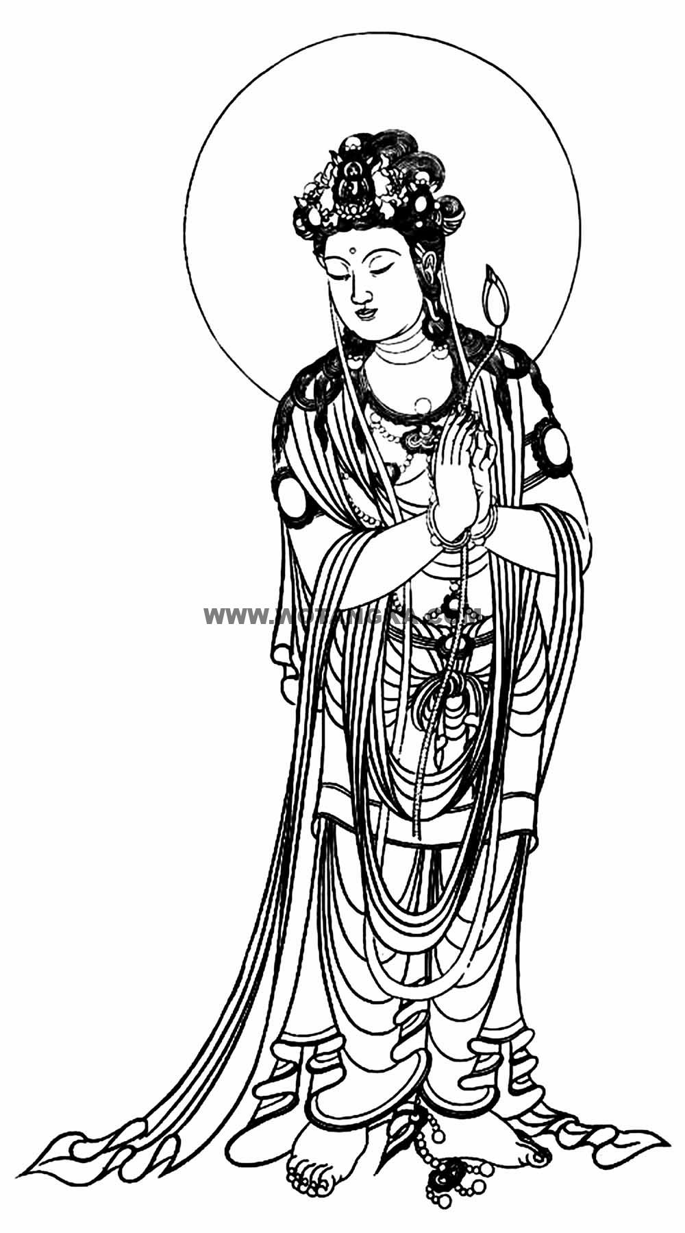沃唐卡-唐卡白描线稿编号RD82618:持莲合掌观音