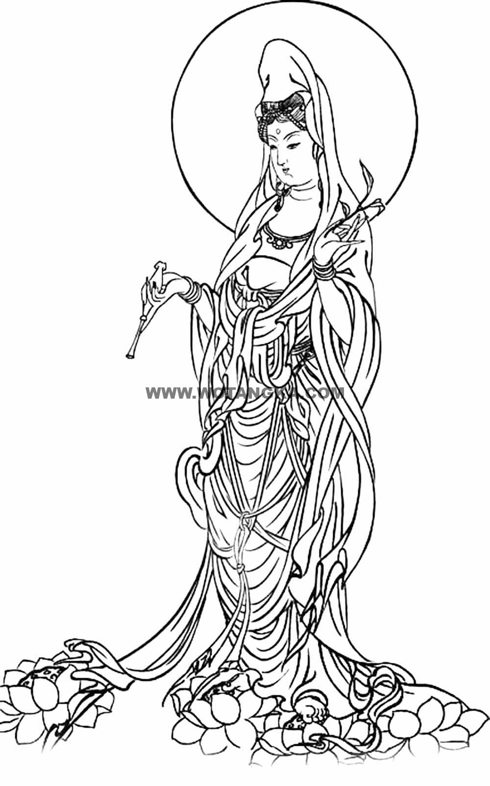 沃唐卡-唐卡白描线稿编号RD90989:杨柳枝观音