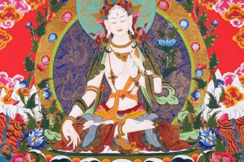 编号138-225858：红金唐卡-白度母·长寿三尊（153*105CM左右）