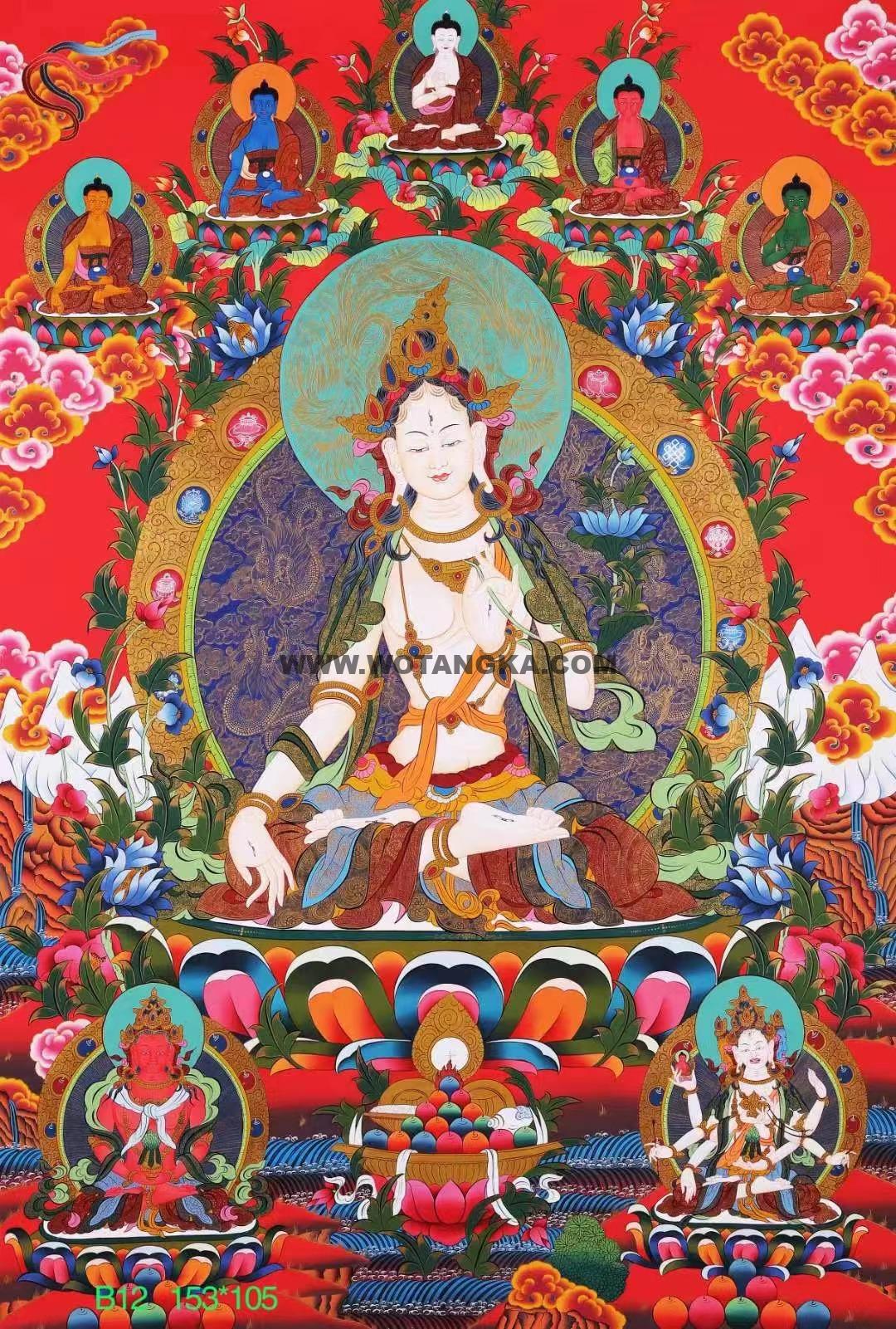 编号138-225858：红金唐卡-白度母·长寿三尊（153*105CM左右）