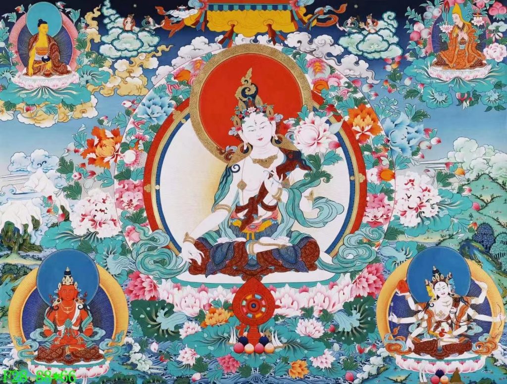 编号138-409143：彩绘唐卡-白度母·长寿三尊（66*88CM左右）